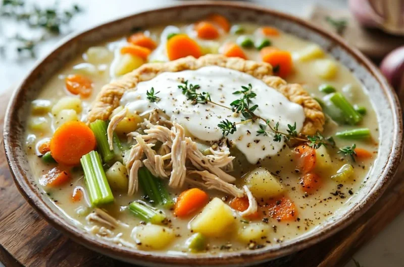 Delicious bowl of Chicken Pot Pie Soup with veggies and herbs