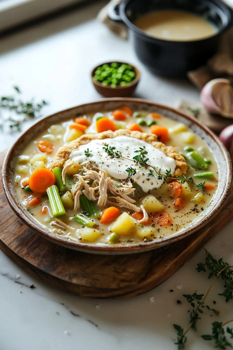 Delicious bowl of Chicken Pot Pie Soup with veggies and herbs