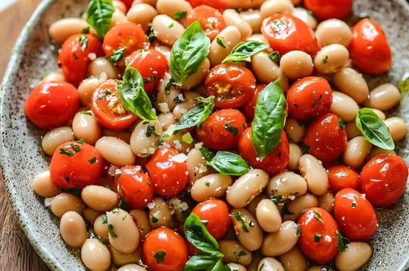 Plate of Tomato & Basil White Beans garnished with fresh basil
