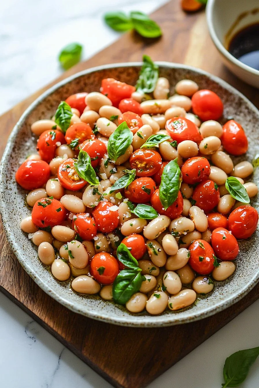 Plate of Tomato & Basil White Beans garnished with fresh basil