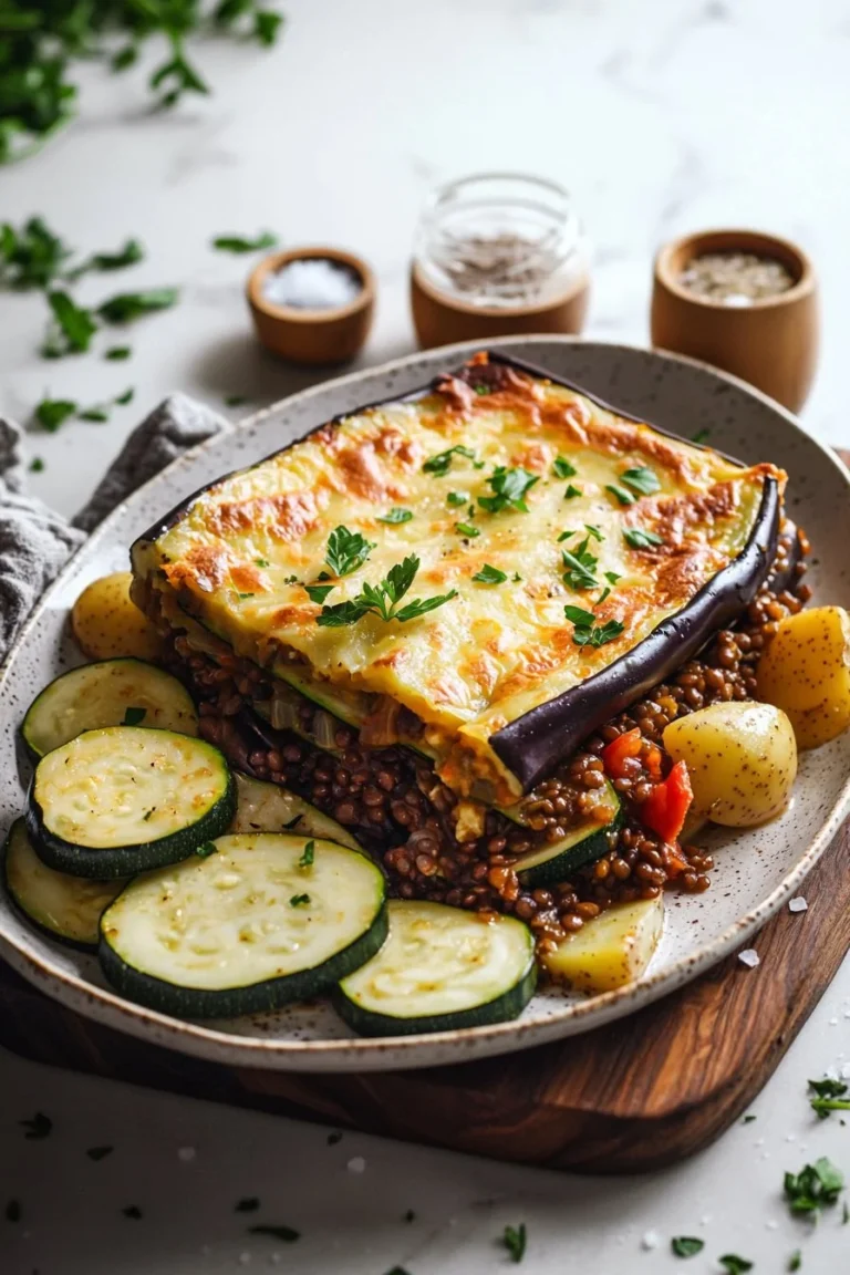 Homemade Vegetable Moussaka with layers of eggplant and rich tomato sauce