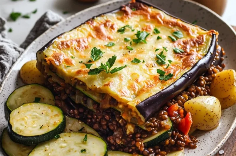 Homemade Vegetable Moussaka with layers of eggplant and rich tomato sauce