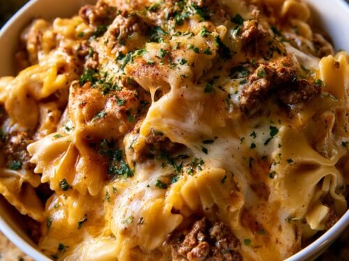 Cheesy Garlic Butter Beef and Bowtie Pasta