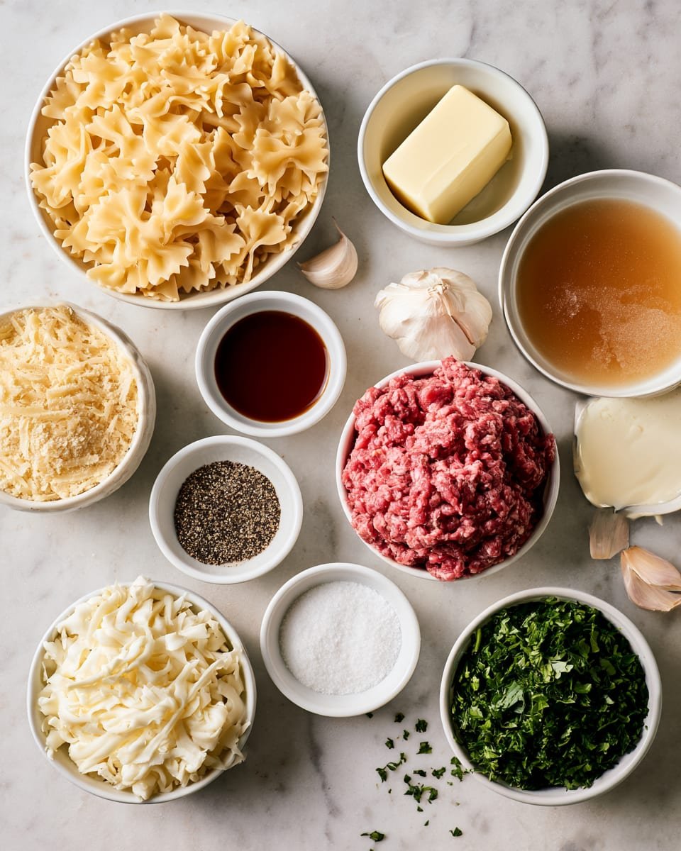 Ingredients for Cheesy Garlic Butter Beef and Bowtie Pasta