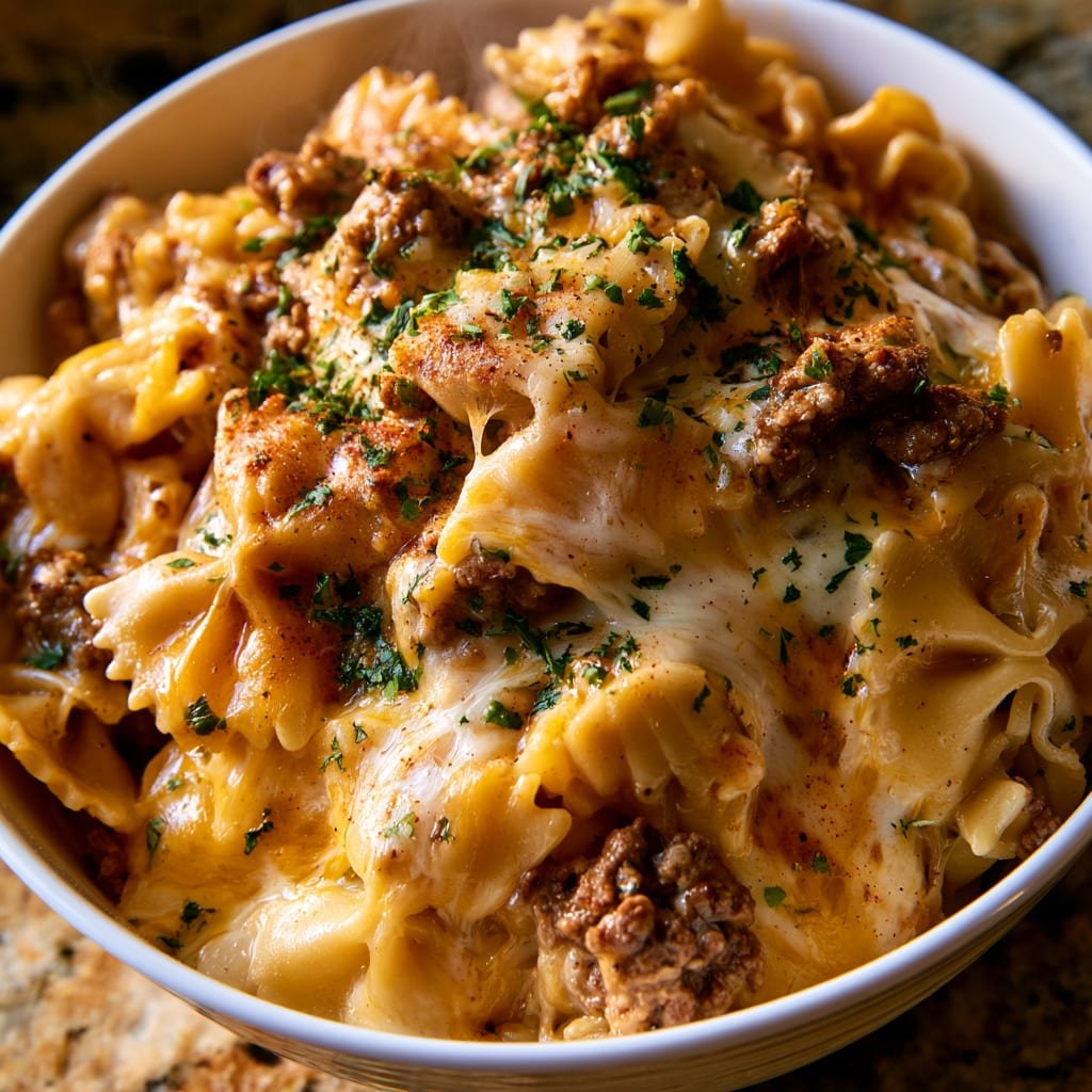 Cheesy Garlic Butter Beef and Bowtie Pasta