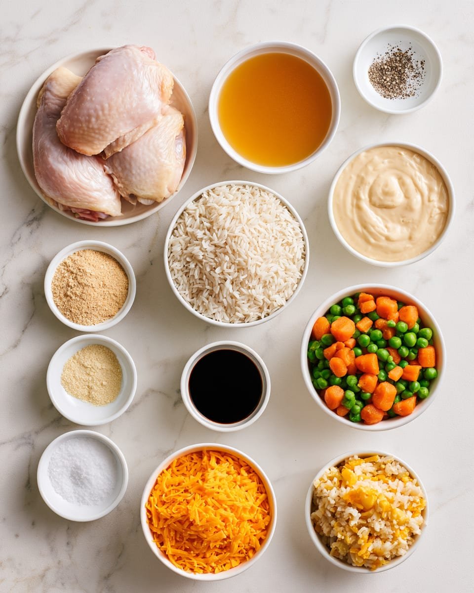 Ingredients for Dump and Bake Chicken Rice Casserole, No Stirring Needed