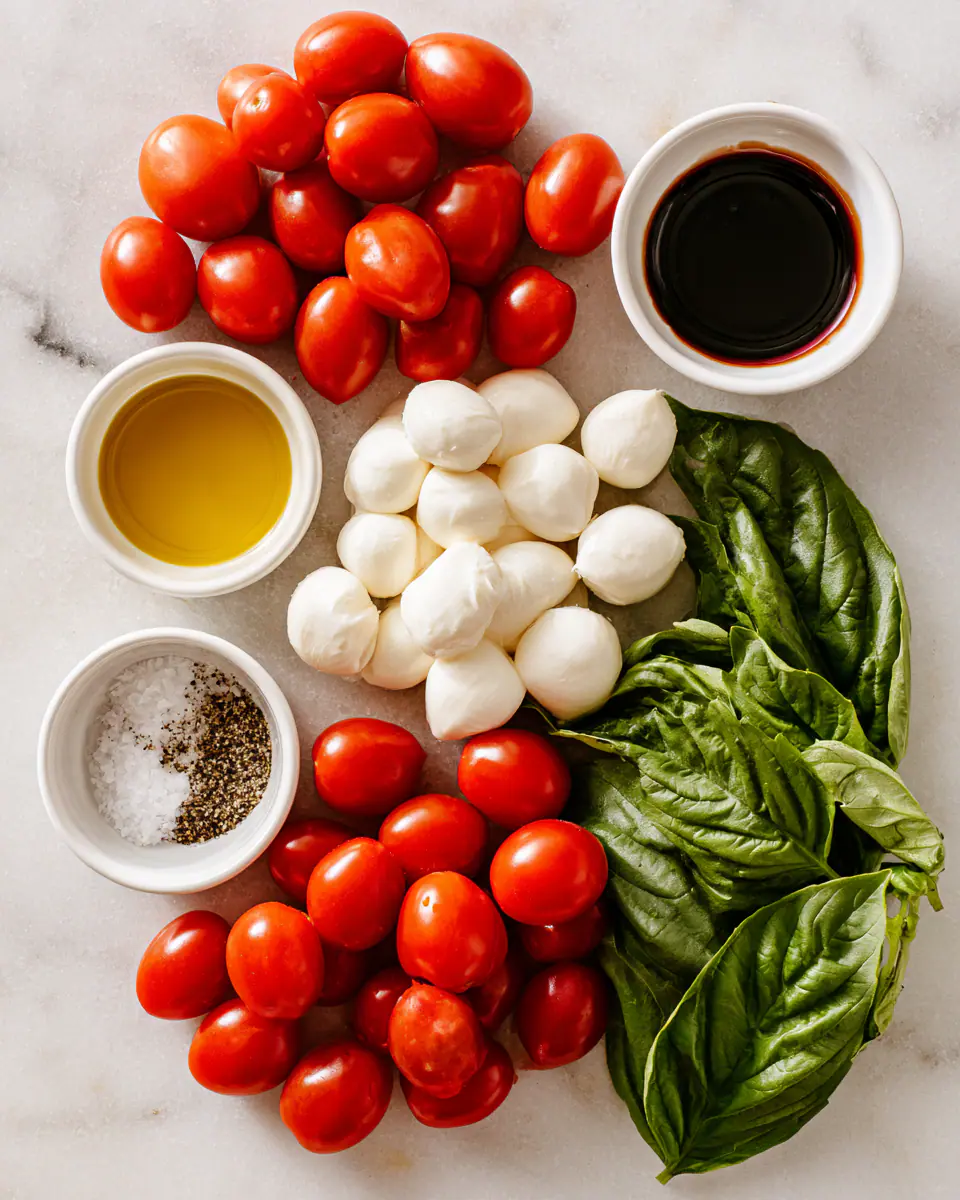 Ingredients for Easy Caprese Skewers Appetizer | Cold Party Appetizer Recipes