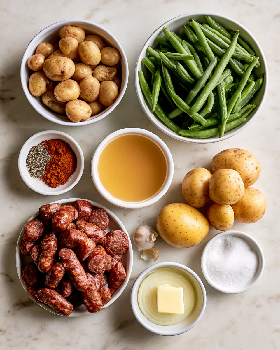 Ingredients for Easy Crockpot Kielbasa Potatoes and Green Beans | Dinner Ideas for Family