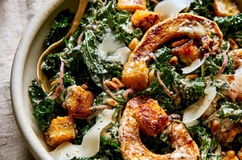 Fall Caesar Salad with Crispy Delicata Squash Croutons