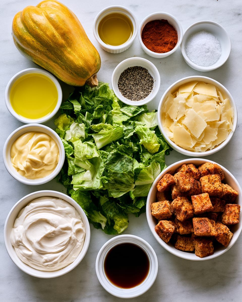 Ingredients for Fall Caesar Salad with Crispy Delicata Squash Croutons