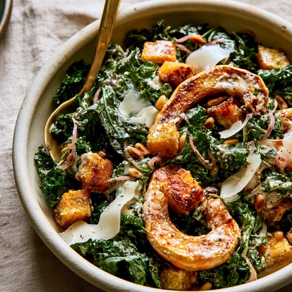 Fall Caesar Salad with Crispy Delicata Squash Croutons