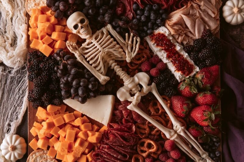 Halloween Appetizer Board with Spooky Meat and Cheese Skewers