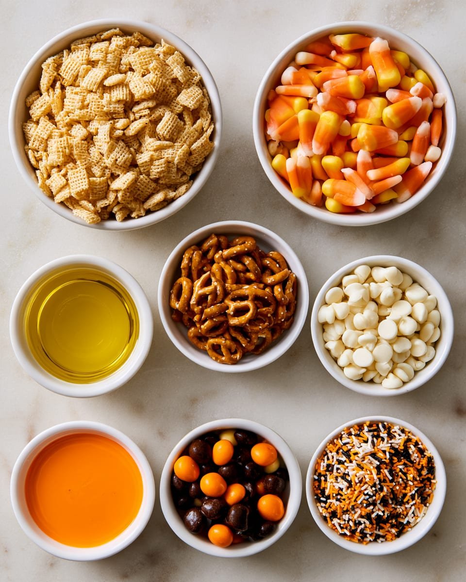 Ingredients for Halloween Chex Mix with Candy Corn and Pretzels