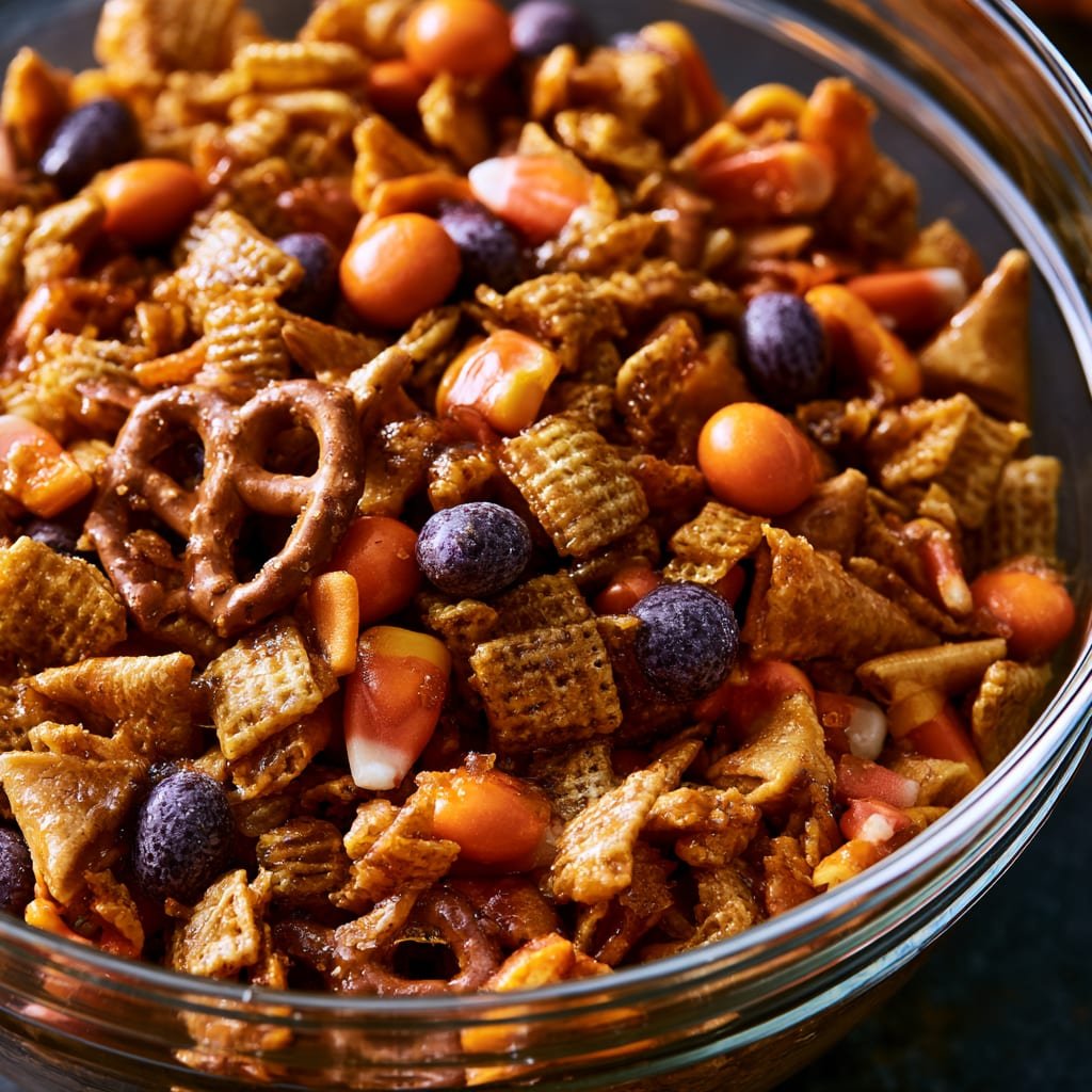 Halloween Chex Mix with Candy Corn and Pretzels