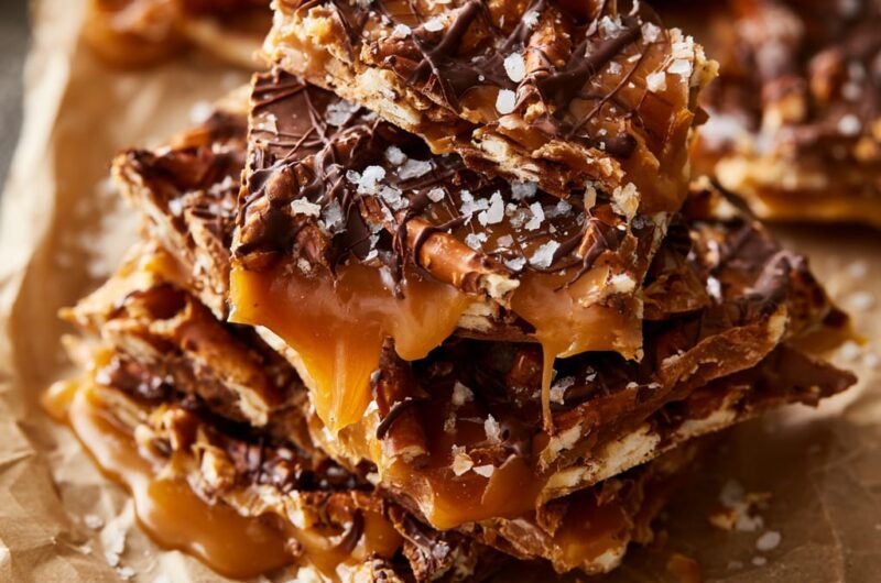 Salted Caramel Pretzel Bark for Holiday Baking Trays