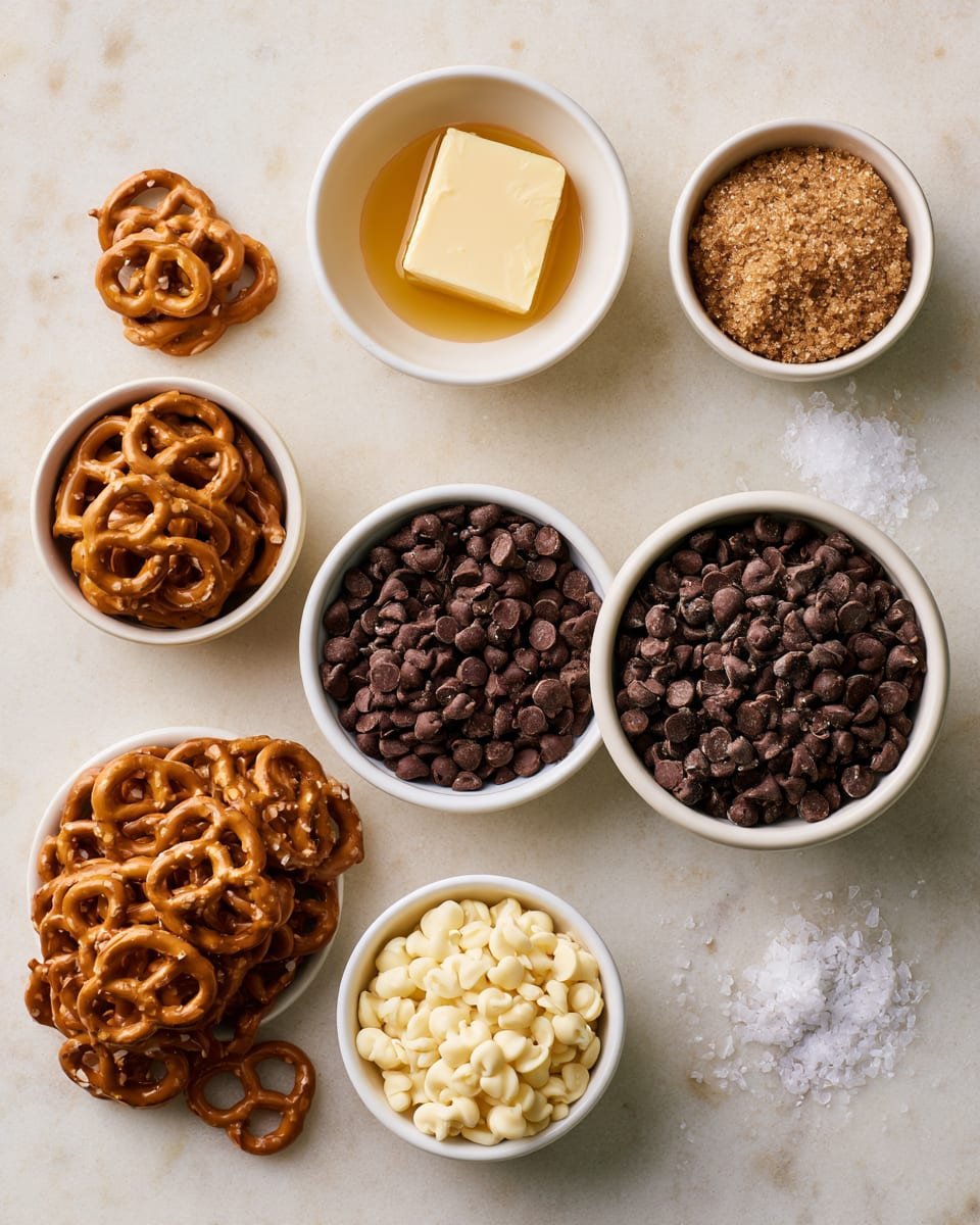 Ingredients for Salted Caramel Pretzel Bark for Holiday Baking Trays