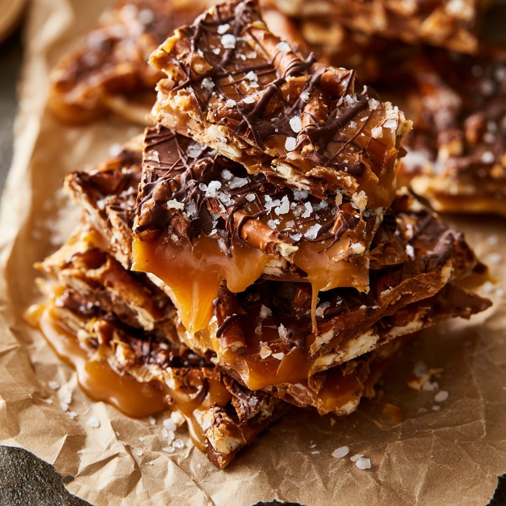 Salted Caramel Pretzel Bark for Holiday Baking Trays
