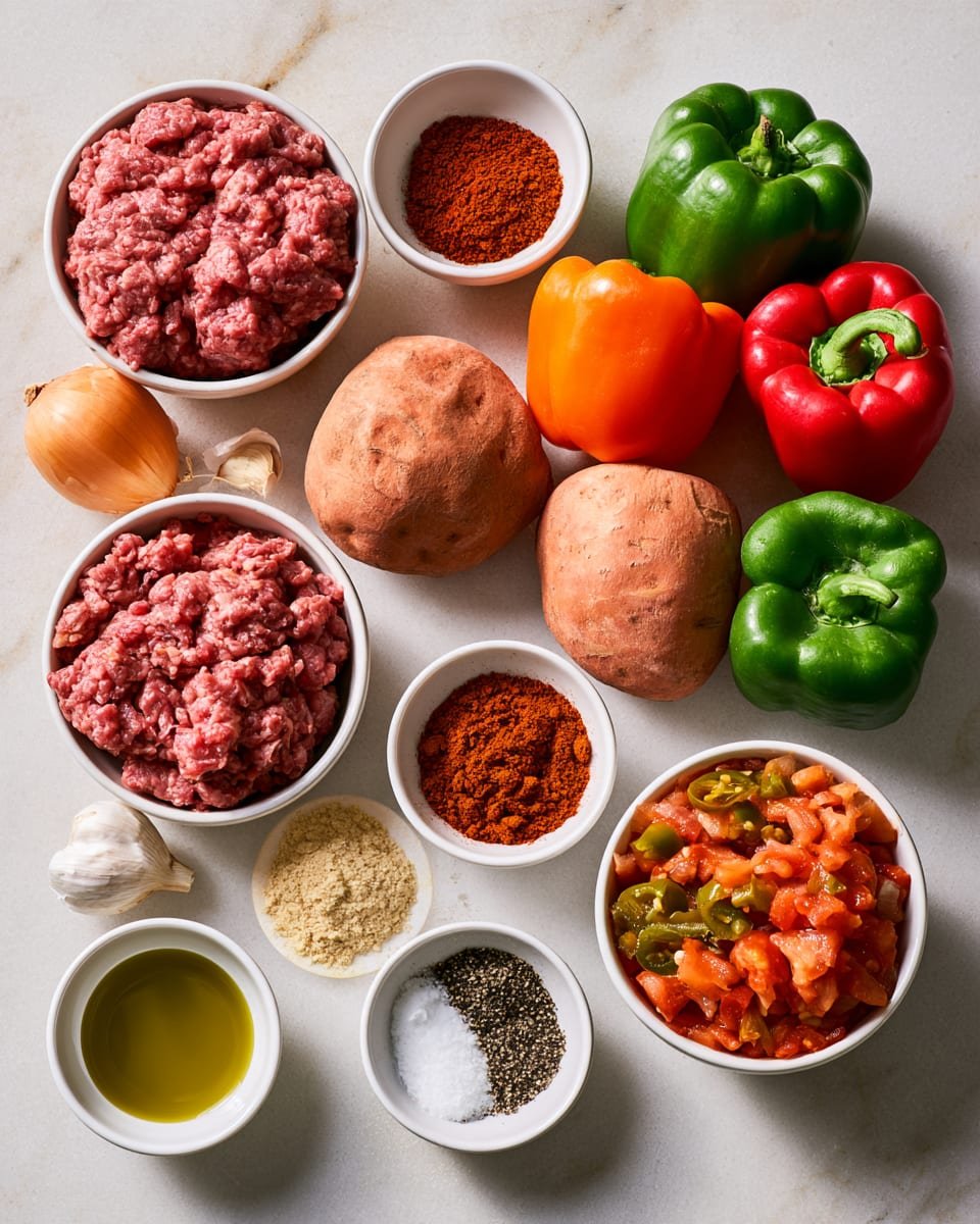 Ingredients for Sweet Potato Skillet with Southwest Ground Beef and Peppers